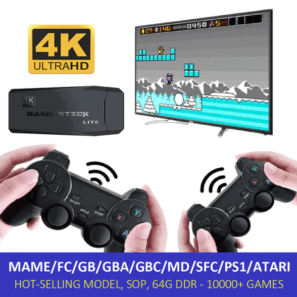 Game Stick 4k hd console de videogame 64g 10000 jogos para ps1/fc/gba  controle sem fio