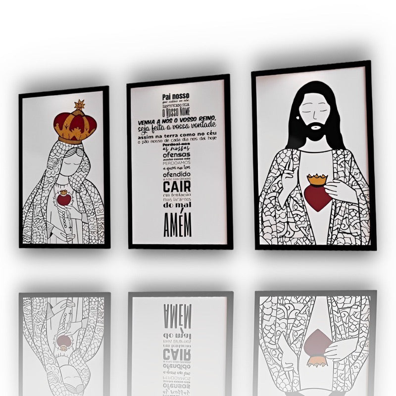 Kit 3 Quadros Plaquinhas Decorativas Religiosas - "Pai Nosso, Jesus, Nossa Senhora" em MDF 20x30 - Kaype Store