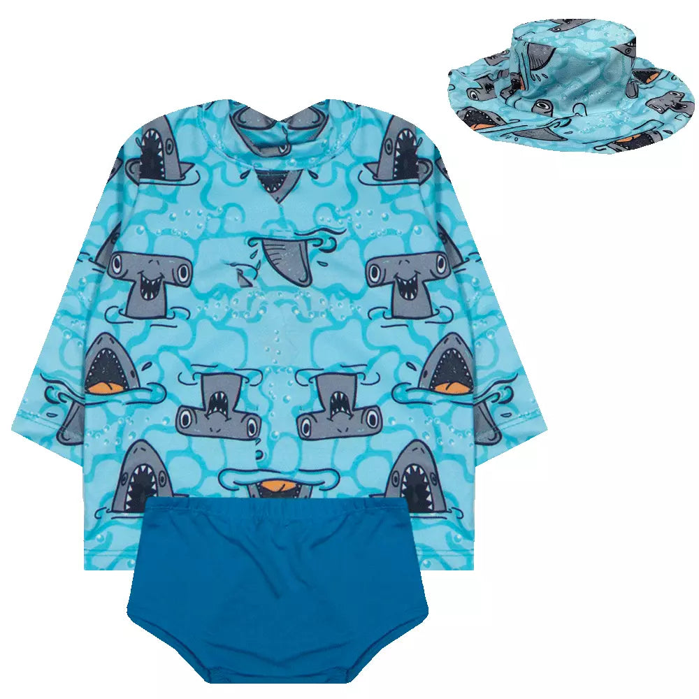 Kit Blusa com Proteção Solar UV50 + Tapa Fraldas + Chapéu Bebê e Infantil Moda Praia Meninos - Kaype Store