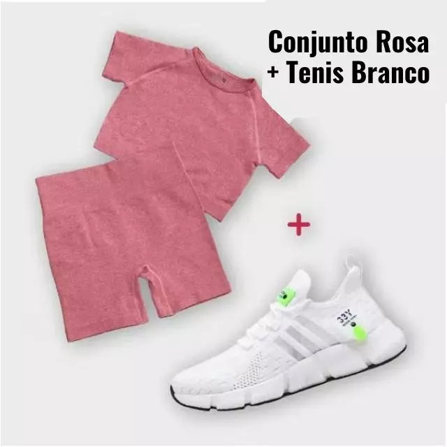 Kit Esportivo Fit Feminino -  Conjunto Shorts + Cropped + Tenis de Corrida Ultra Respirável - 33y - Kaype Store