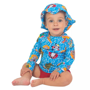 Kit Blusa com Proteção Solar UV50 + Tapa Fraldas + Chapéu Bebê e Infantil Moda Praia Meninos - Kaype Store