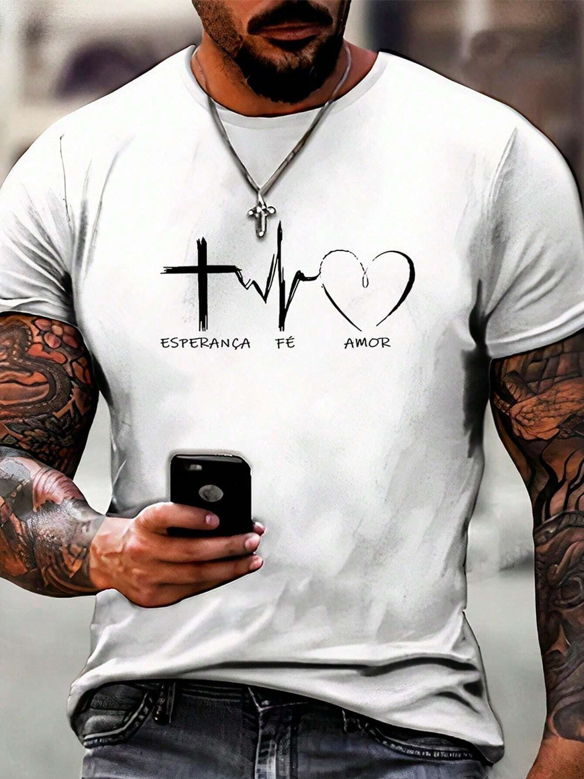 Camiseta Masculina "Fé, Esperança, Amor" - Camisa Básica Cristã Evangélica - Kaype Store