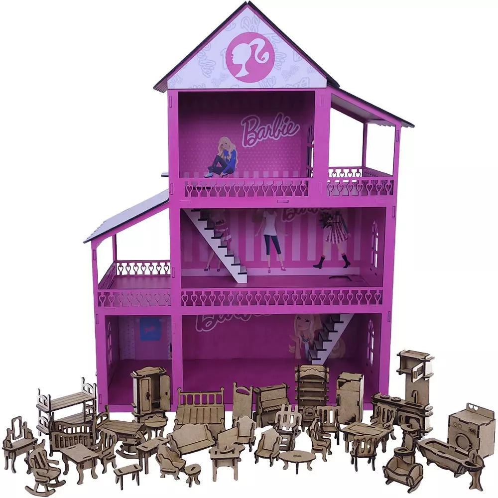Casinha de Boneca Barbie MDF Pintada Adesivada + 43 Móveis BRQ011 Kaypestore 