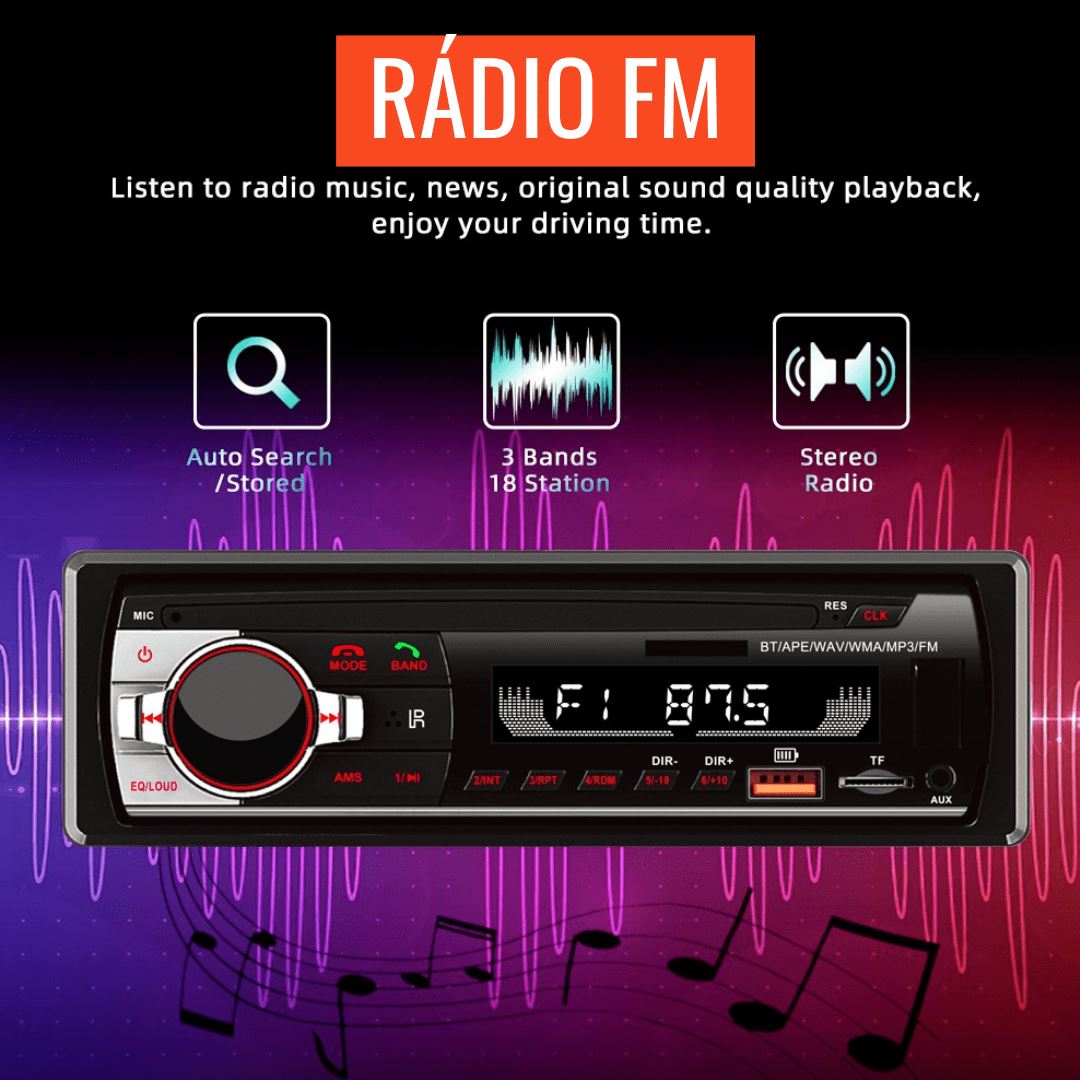 Rádio / Som Automotivo com Display Colorido - Bluetooth, MP3, USB, Stereo com Controle Remoto - ReakoSound Kaypestore 
