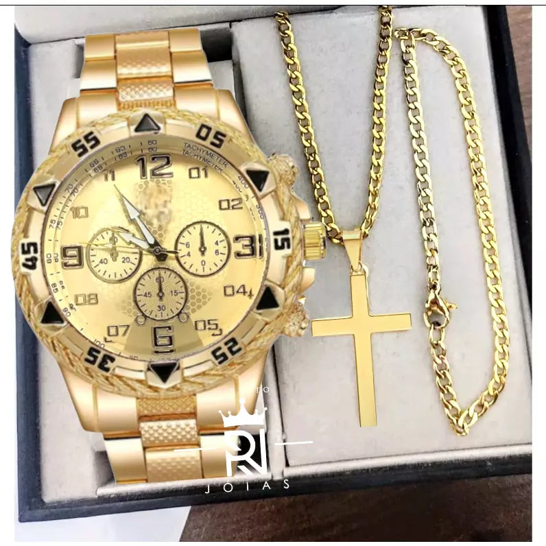 Relógio Masculino Dourado Aço Inox Premium - Pulseira e Corrente de Cruz de BRINDE Kaypestore Dourado 