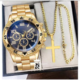 Relógio Masculino Dourado Aço Inox Premium - Pulseira e Corrente de Cruz de BRINDE Kaypestore Dourado e Azul 